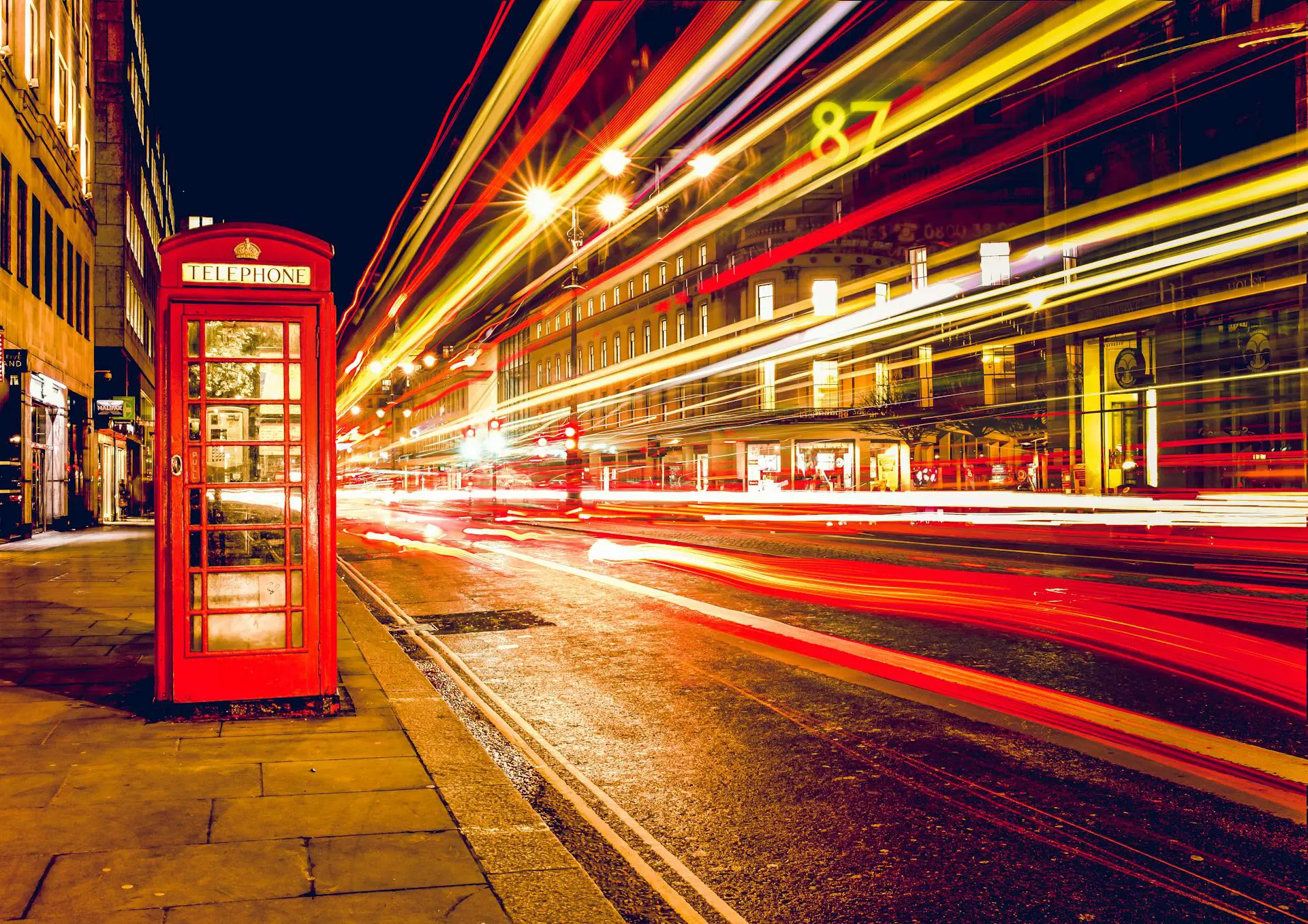 london phone booth at night